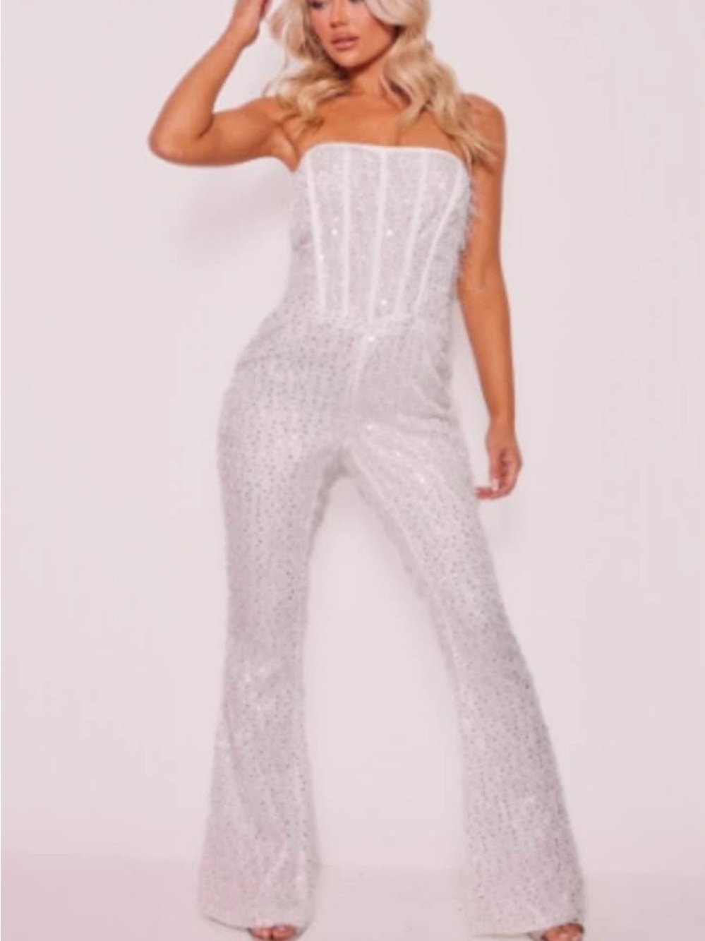 PrettyLittleThing White Sequin Strapless Flared Jumpsuit